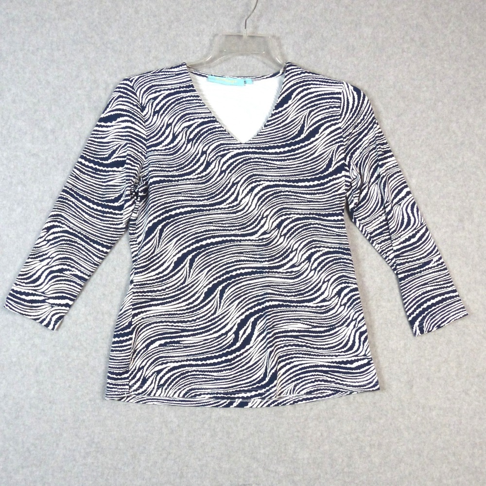 Anthony's Resort Wear Navy Blue Abstract Zebra Striped V-Neck 3/4 Sleeve Top S